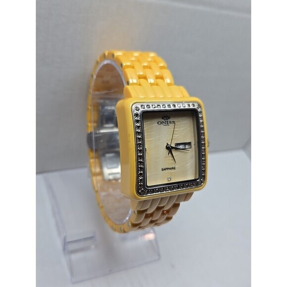 Oniss Paris Yellow Ceramic Day Date Sapphire Crystal Womens Watch New Battery main image 12